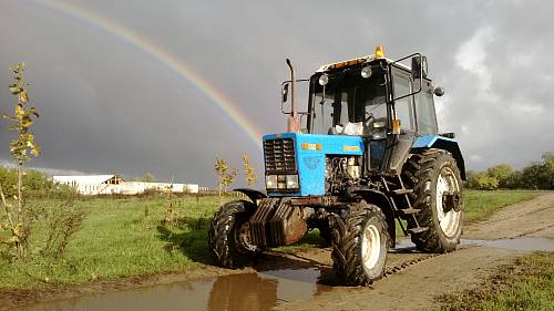 Трактор Беларус на фоне радуги